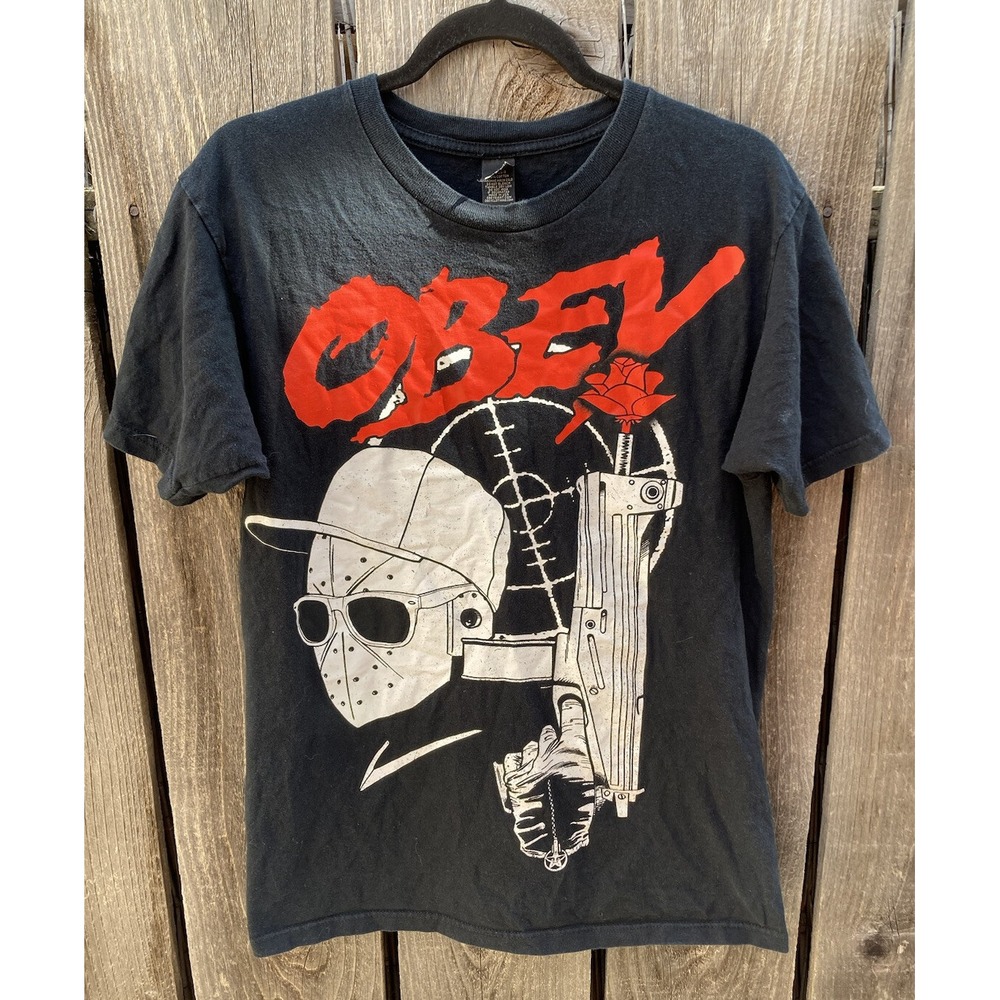 Men's Obey Black Hockey Mask Gun T-Shirt M Crew Streetwear Cotton Crosshairs Y2K